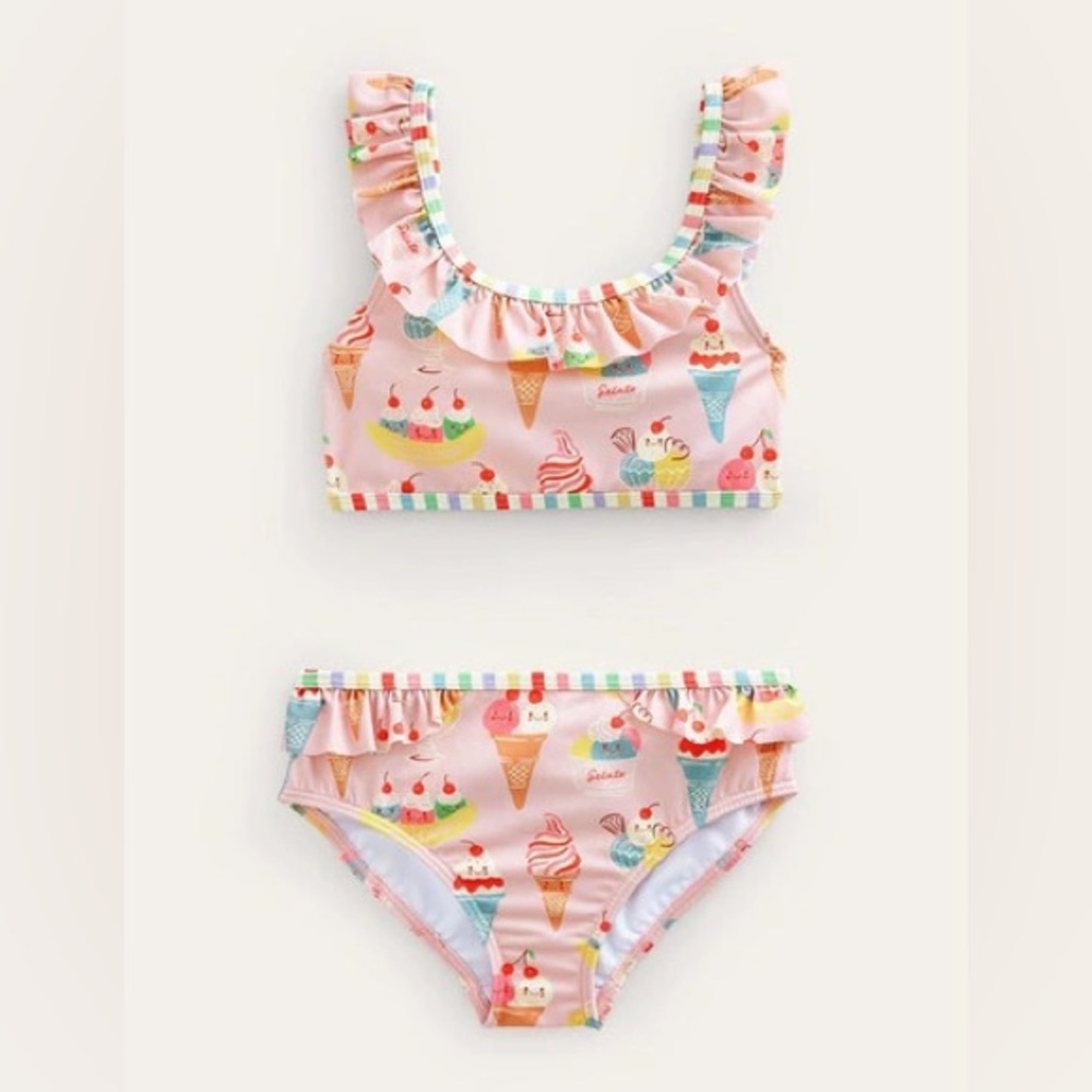 Mini Boden Tie Back Swimsuit 2 piece French Pink Small Ice Cream girls size 4/5